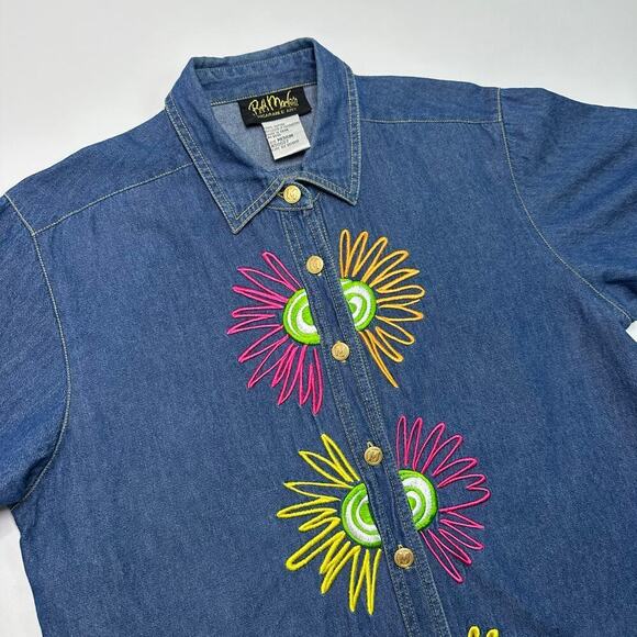 Bob Mackie Wearable Art Floral Embroidered Denim Shirt - Picture 2 of 6
